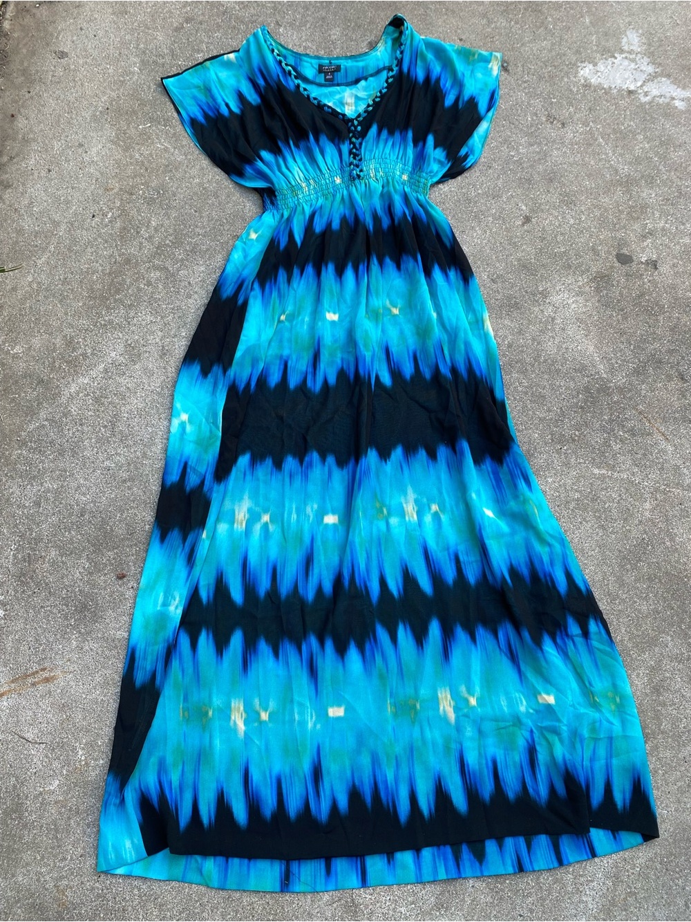 Nicole Miller Tie Dye Abstract Maxi Dress Blue Black Smocked Waist Sz 4